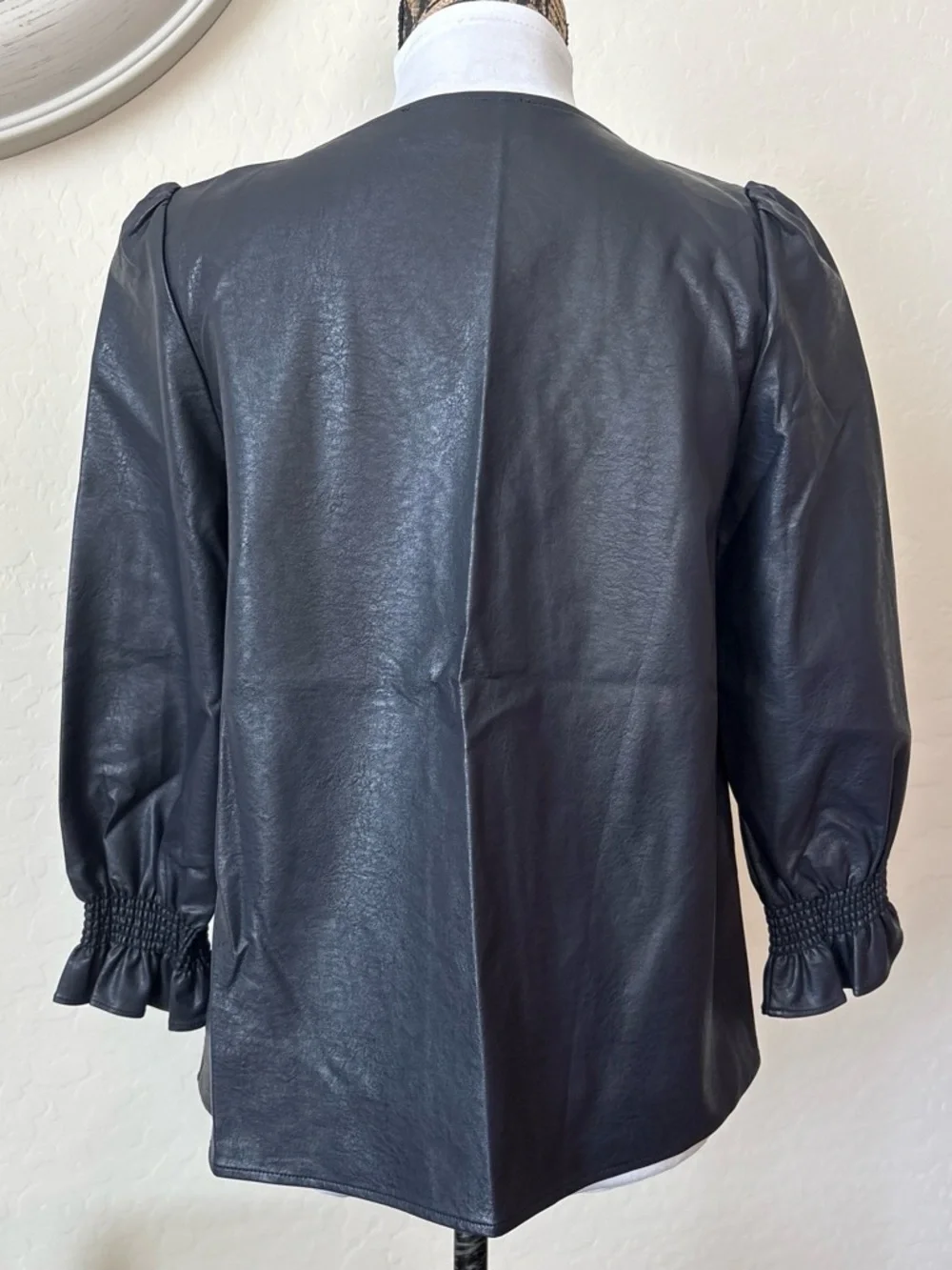 Tuckernuck Black Faux Leather V-Neck Puff Sleeve Blouse. S